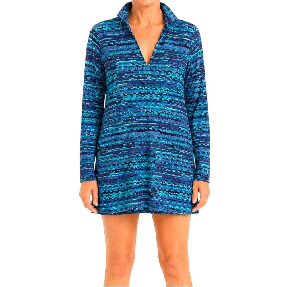 Lands End Rash Guard Cover-Up Womens XS UPF 50+ Pockets Long Sleeve Mini Dress